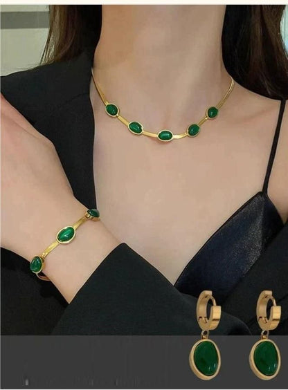 Oval Green Crystal Pendant Necklace Set With Bracelet – Premium Gold-Plated Jewelry for Women